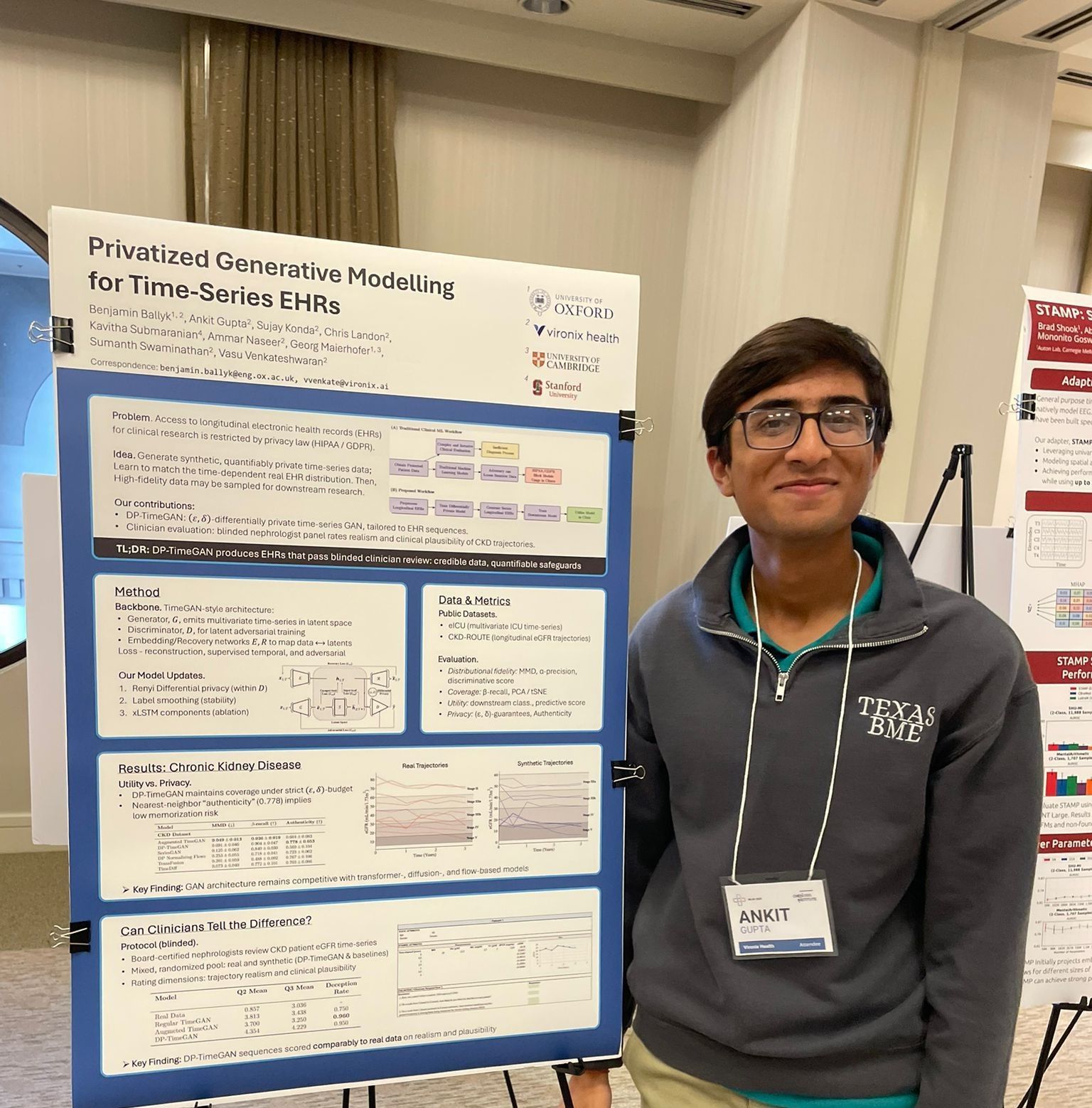 Ankit Gupta beside the DP-TimeGAN poster, "Privatized Generative Modelling for Time-Series EHRs"