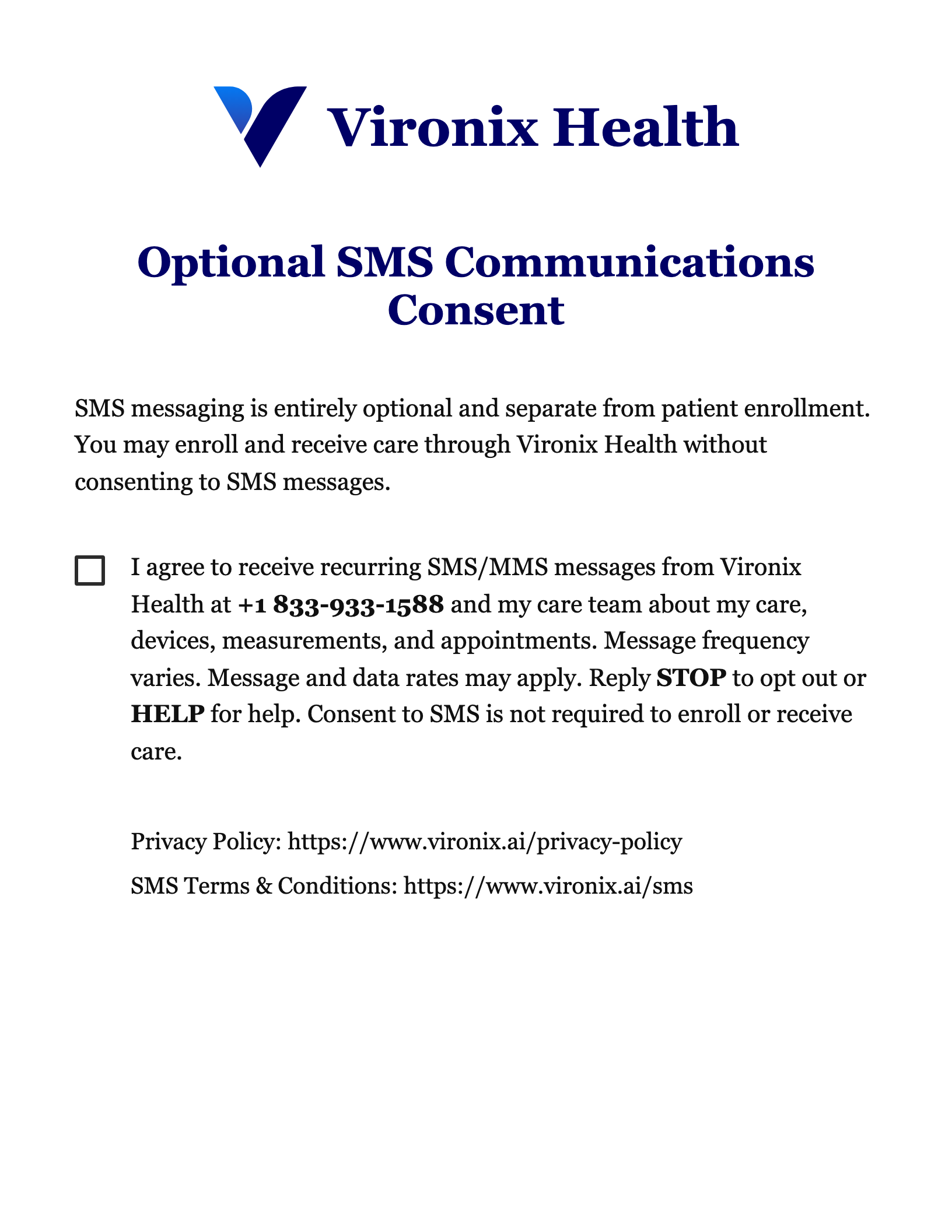 Example of the separate, unchecked SMS consent option